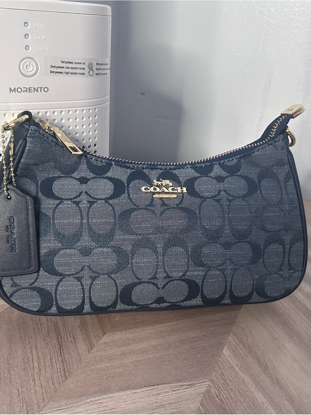 COACH Navy Signature Mini Shoulder Bag with Gold Hardware